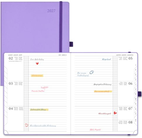 POPRUN Kalender 2027 Wochenplaner ca.A4(25,9 x 21,2cm) Hardcover PU-Leder | Horizontale,(Jan.2027-Dez.2027),Planer 1 Woche 2 Seite(Montag - Sonntag),Terminplaner mit 100 GSM Papier(Lavendelfarbe)