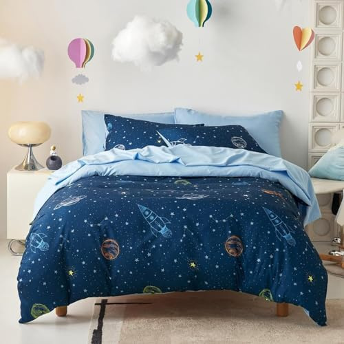 Freyamy Kinder Bettwäsche 135x200 Bunt Weltraum Rocket Kinderbettwäsche | Sterne Rakete Babybettwäsche, 2teilig Jungen, Microfaser ÖKO-TEX Bettbezug mit Reißverschluss und Kissenbezug 80x80cm