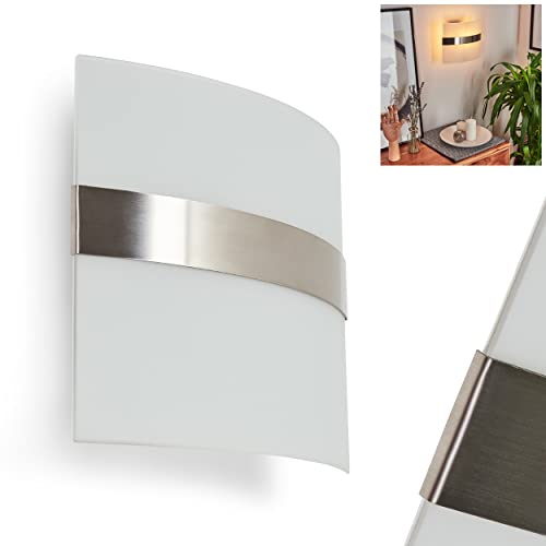 Lampada da parete Avellino, lampada da parete in vetro/metallo in acciaio spazzolato, spot da parete con effetto up&down, 1 luce, 1 x E27, faretto da parete con effetto luce, senza lampadina/e