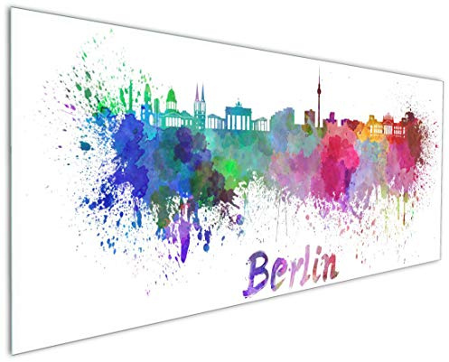 Wallario Küchenrückwand aus Glas 125 x 50 cm, Motiv: Städte als Aquarell - Skyline von Berlin | Spritzschutz abwischbar & pflegeleicht