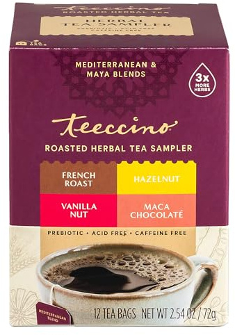 Teeccino Herbal Tea Sampler Assortment - 12 Tea Bags - Maca Chocolaté, French Roast, Hazelnut, Vanilla Nut - Roasted Caffeine Free Herbal Tea, Prebiotic for Natural Energy