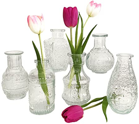 Glasvase Vintage, Mini Vase klar, H: 11,5-14,5 cm (6er Set) - kleine Vase, Blumenvase, Landhaus Vasen, Tischdekoration, Blumendeko, Hochzeit Deko
