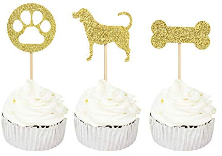 Sumerk 24PCS Dog Cupcake Toppers Gold Glitter Puppy Cupcake Picks Pet Theme Baby Shower Birthday Party Decorations