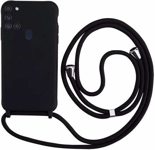 Ququcheng Kompatibel mit Samsung Galaxy A21S Hülle,Handykette Hülle Silikon Seil Necklace Handyhülle mit Kordel Tasche TPU Bumper Schutzhülle für Samsung Galaxy A21S-Schwarz