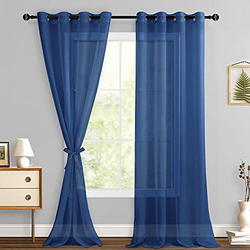 Hiasan Sheer Curtains for Bedroom with Tiebacks, Extra Long Light Filtering and Lightweight Voile Window Curtains for Patio Sliding Door, Living Room, Navy Blue, W52 x L96, Set of 2 Panels