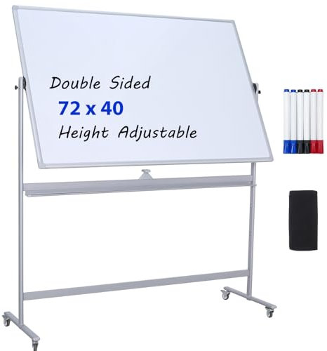 DexBoard Large Double Sided Whiteboard 72x40 inches on Wheels, Height Adjustable Mobile Magnetic Dry Erase Board with Rolling Stand for Office Meetings, Classroom Teaching, Home, Silver Frame