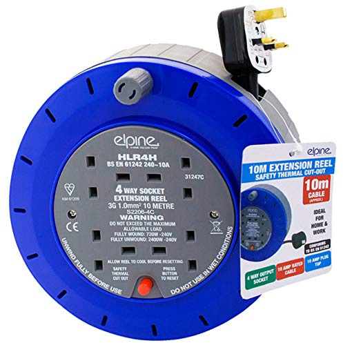 NTI Epline 4 Way 10 Meters Heavy Duty Extension Cord Reel, Blue, Retractable, Manual, 10A Rated, BS EN 61242 Approved, Home, Office, Industrial Use