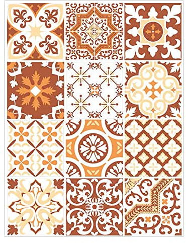 | Stickers Carreaux Muraux | Planche de 12 Stickers Autocollants Adhesifs Carrelage - Carreaux de Ciment - ORANGEMONKEY - Dimensions d'un Sticker : 15 x 15 cm - Meubles Cuisine Salle de Bains ...