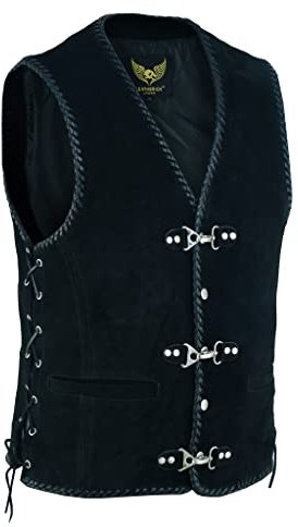Leatherick Chaleco de cuero para hombre, chaleco de cuero con anzuelo trenzado a mano, capucha de cuero (2XL)