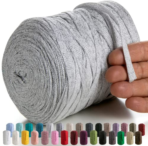 MeriWoolArt makramé, textilgarn för virkning och stickning – gör-det-själv glitter, platt t-shirt, band, garn, 10 mm tjocklek, 125 m – återvunnet bomullsgarn med Lurex, viskos