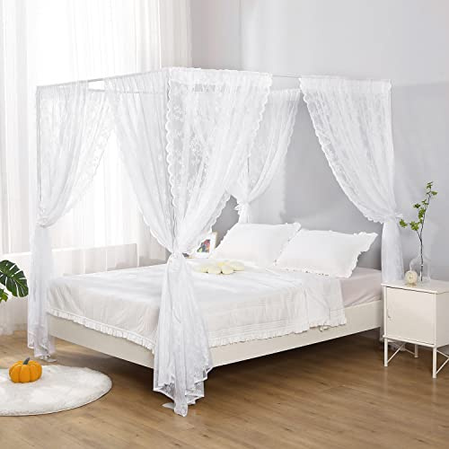 WANFASO Lace Canopy Bed Curtain Queen, Soft Romantic Bed Canopy Scarf for Girls Adults (Queen, White)
