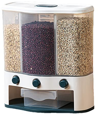 Rice Dispenser,Household 3 Compartment Plastic Dry Food Storage Box Automatic Grain Dispenser Rice Container with Lid and Measuring Cup for Grains,Coffee Beans,Cereals,Snacks,Dark Blue (Dark Blue )
