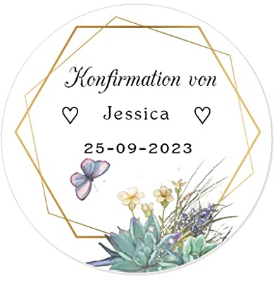 50 STICKER PERSONALISIERT Konfirmation Aufkleber Blumenkranz Gastgeschenk Sticker 40MM Danke Etiketten zur Taufe Geburt Kommunion Geschenk Tüten Flaschen - Rd 359 (002)