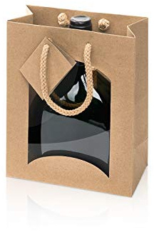KK Verpackungen Tragetasche Kraftpapier 170x85x200mm | 20 Stück, für 1 Bocksbeutel | Flaschenbeutel mit Sichtfenster & Anhänger | Wein Sekt Flaschenverpackung | Recyclebar Natur