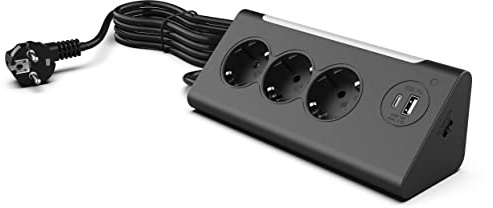 Northpoint Multiprise d'angle à 3 prises avec fonction veilleuse et capteur crépusculaire USB et USB-C - Câble de 140 cm (noir)