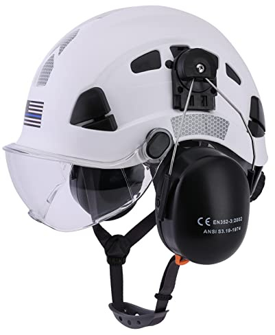 LOHASTAR Safety Helmet Hard Hat Vented ANSI Z89.1 Approved Work Hardhat for Forestry Chainsaw Arborist Tree Logging Helmet(White+Clear Visor+Earmuff)