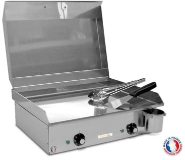 PLANCHAELEC NEO E530-2400W - Plancha eléctrica eléctrica + 2 utensilios - Inox - Termostato ajustable - 8 personas - Made In France - L53 x 43 x 18 cm