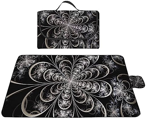 Picknickdecke 180x200cm,XXL Picknickdecke mit Wasserdichter Unterseite,Outdoor Stranddecke Sandfrei,mit Tragegriff Picnic Blanket für Camping,Strand,Familie,Konzerte Schwarze geometrische Blumen
