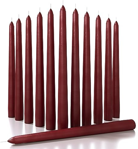CANDWAX 25 cm Burgundy Taper Candles Set of 12 - Unscented Dripless Burgundy Candlesticks - Christmas Taper Candles with Burning Time up to 8 Hours - Christmas Candle Sticks