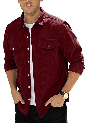 Chemise boutonnée en velours côtelé pour homme avec poche poitrine M-3XL, rouge vin, M