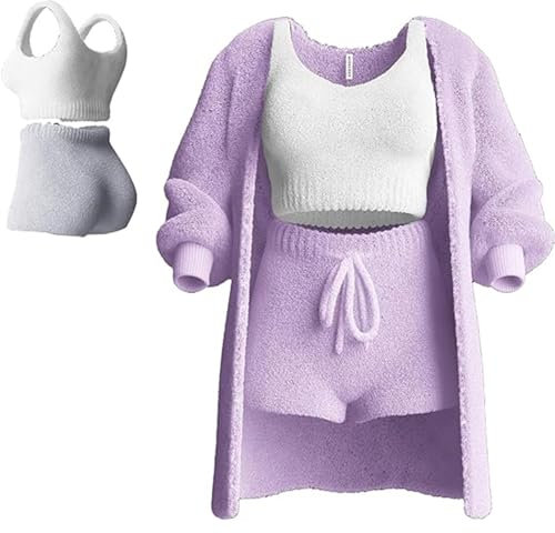 YoiTs Misscosy Strick-Set, 3-teilig, sexy warme Flauschige Fleece-Outfits, Pyjamas, Top-Shorts-Set, Pyjamas, Loungewear (Purple,Large)