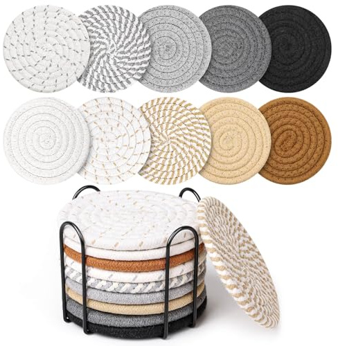 Billbotk 10 Pieces Coasters for Drinks, 10 Colors Absorbent Drink Coasters with Holder, Table Coaster Set for Home Decor, Apartment Decor Aesthetic, Living Room Essentials, 4.3 Inches