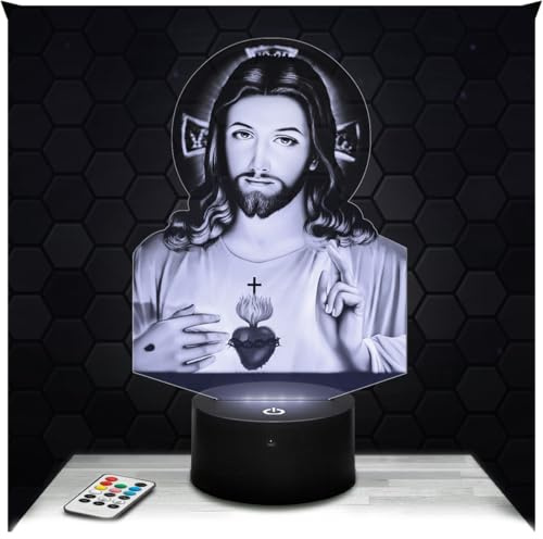 Lampephoto.fr - Lampe Jesus Christ Veilleuse 3D Sacré Coeur | Fait en France, Socle au Choix, Luminosité Ajustable, Piles ou USB, Gravure HD au Laser, Idée cadeau Chrétien, Catholique