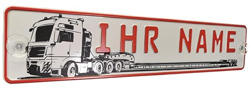 LKW Truck Fahrerschild Schild Namensschild mit Name oder Text Funschild Fun Schild Wunschtext AUTO Trucker Car Rot Geburtstag Geschenk