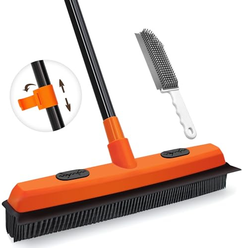 JEHONN Rubber Broom Carpet Rake for Pet Hair Remover, Fur Removal with Squeegee, Portable Detailing Brush Brush, 52.8 Inches Telescopic Long Handle for Fluff Carpet