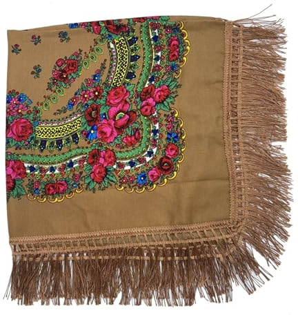 Diadema étnica con flecos para la cabeza, chal retro con estampado floral para mujer, bufanda cuadrada de estilo ruso, caqui, Talla única
