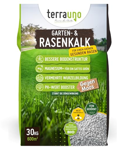 TerraUno Rasenkalk Frühjahr & Herbst, bei Moos und Unkraut im Rasen, verstärkt die Düngung, verbessert pH-Wert & Bodenstruktur, 30 kg für 600 m², extra fein, ideal für Streuwagen, tierfreundlich
