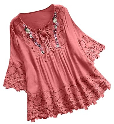 FOCLMP Women Cotton Linen Embroidered Tops Loose Fit Tunic 3/4 Sleeve Summer Blouse Shirts Boho Peasant Trendy Clothes 2024 Girls' Tops, Tees & Blouses Green L