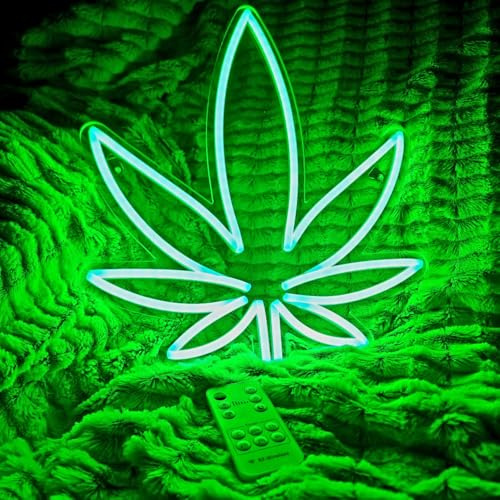 Trash Design Enseigne Lumineuse Néon LED Feuille Chanvre Weed Cannabis télécommande - Panneau lumineux mural ambiance et décoration intérieure - Alimentation USB - Niveau de luminosité réglable