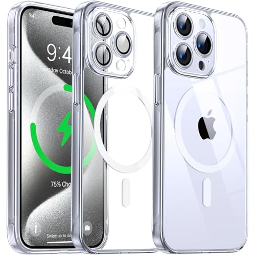 Flyzoo Clear Magnetic Case for iPhone 15 Pro (6.1'') with Camera Protector, [Compatible with MagSafe] [Non-Yellowing] [Shockproof & Antiscratch Protection] Hard Transparent Cover with Silicone, Silver