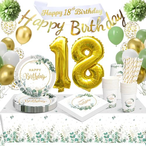 Deko 18. Geburtstag Mädchen, 18 Geburtstag Tischdeko Mann Fraue, Deko 18. Geburtstag Partygeschirr Set, Grün Luftballons 18 Geburtstagsdeko Luftballons, 18 Jahr Happy Birthday Partydekorationen Set