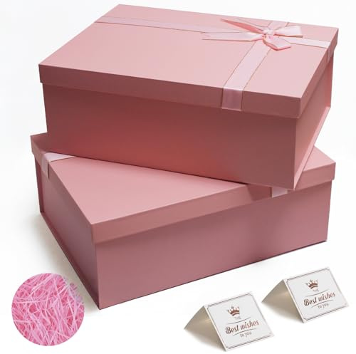 Giftilious Rosa 33 x 25 x 12 cm Stora Presentaskar 2-pack Hopfällbara Presentaskar Med Lock För Presenter, Mångsidig Tom Presentask För Födelsedagar, Årsdagar, Bröllop, Alla Tillfällen
