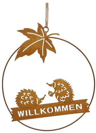 Dekohänger Igel mit Blatt und Schriftzug Willkommen rostfarben aus Metall Herbstdeko Türdeko