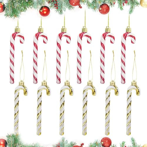 KLEHOPE 12 Pezzi Decorazioni per Albero di Natale Lucide Appendini a Bastoncino di Zucchero, 14 cm Decorazioni Natalizie in Oro e Rosso, Decorazione Natalizia per Albero