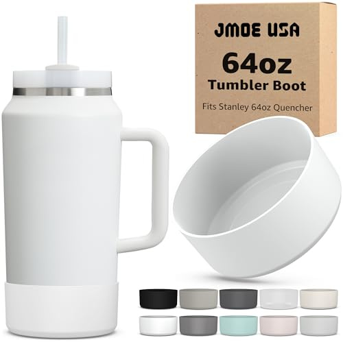 Jmoe USA Boot for 64oz Stanley Quencher H2.0 FlowState Tumbler With Handle | BPA Free Silicone | Sleeve Protector for Bottom of Cup | Protects Against Dents & Scratches (White)