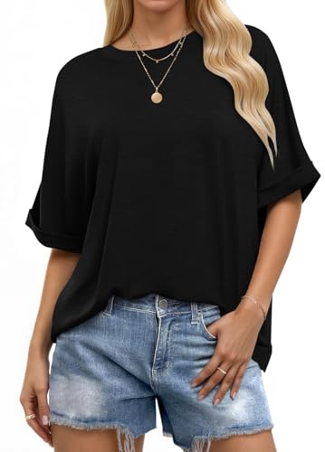 WNEEDU Oversize Shirt Damen Kurzarm Rundhals Oberteile Damen Sommer Basic T-Shirt Locker Lässige Top Oversize Bluse mit Gekrempelten Ärmeln Schwarz L