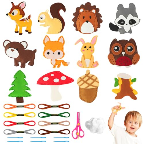 Vicloon 12 Stück Nähset Kinder, Filztiere Nähen Set, Bastelset für Kinder ab 6 Jahren und Anfänger, Nähen Filzset mit Stickgarn Plastiknadeln Füllwatte (Tier Puppe)