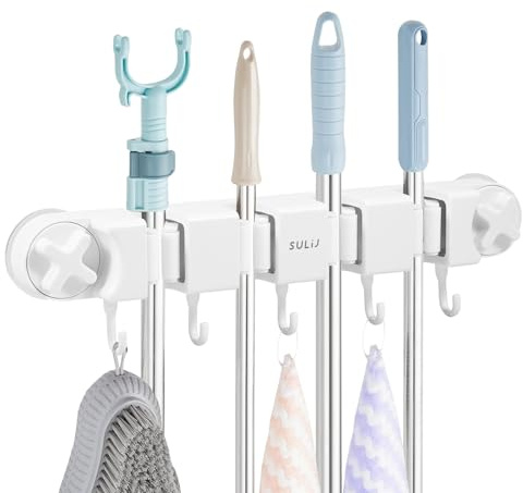 YERENCY Wandhalterung für Besen und Mopps mit Saugnapf, 4 Halterungen und 5 Haken, Gerätehalter aus robustem ABS-Kunststoff, geeignet für Griffe mit einem Durchmesser bis zu 2,6 cm (Weiß, 1 Stück)