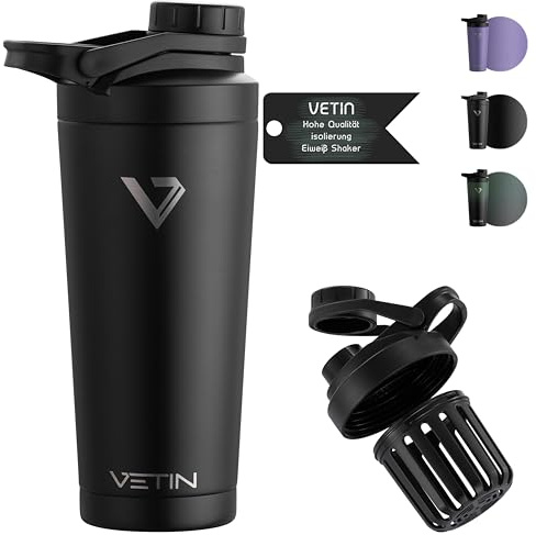 VETIN Thermo Protein Shaker, Proteinshake Edelstahl 750 ml | Doppelwandige Isolierung, Integrierte Messskala, Auslaufsicher, Abnehmbares Deckel-Sieb, für Fitnessstudio oder Outdoor-Sport