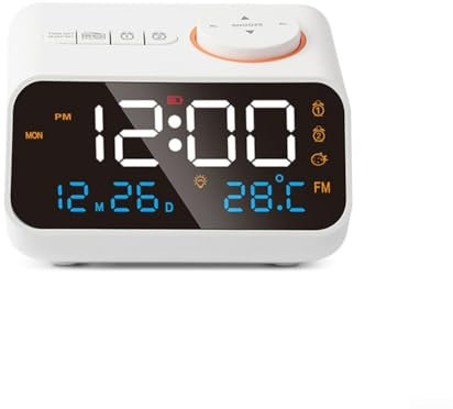 Reloj despertador LED con radio FM, reloj despertador digital equipado con función de calendario de pantalla digital con función de monitoreo completo del clima (blanco)