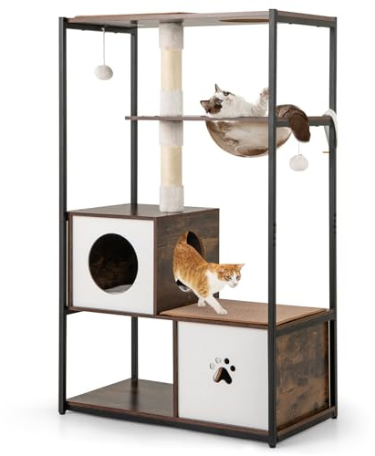 COSTWAY Modern Cat Tree, 131cm Wooden Cat Climbing Tower with 2 Condos, Sisal Scratching Posts, Dangling Balls, Space Capsule, Multi-Level Kitten Activity Furniture