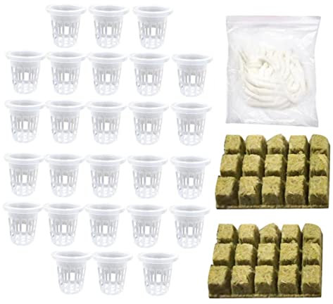 WEKADRIN Blocchi di Fibra per Coltivazione e Bicchieri Rete per Senza e Acquaponica Kit di Coltivazione Substrato Inorganico Cordino Autoirrigante in Cotone Naturale Soffice