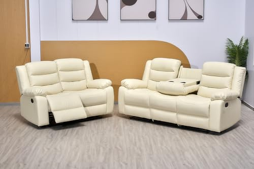 Manual Recliner Leather 3+2+1 Sofa Set - Recliner Sofa Set With Dropdown Table and Cupholder For Living Room (Cream, 3+2)