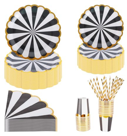 PHUNAT Party Plates Cups and Napkins Set, Includes 7 inch/18cm & 9 inch/23cm Black and White Paper Plates, Serving for 25 Guests, Perfect for Parties Events and Celebrations