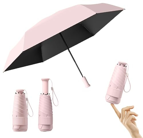 Travebo Mini Travel Folding Umbrella With Built-in Hidden Telescoping Handle for Women Men Kids — Fits Pocket&Handbag,Compact Portable,Small Lightweight,6 Ribs,UV Protection,Teflon Coating,Sun Rain