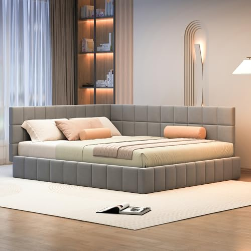 RIAZOS Polsterbett Schlafsofa 160x200, Doppelbett mit Lattenrost, Daybett | Tagesbett Jugendbett Kinderbett Gästebett, Samt, ohne Matratze, Grau